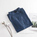 Marineblauw Losse Tencel-denim-overhemd met lange mouwen voor dames